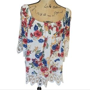 Le Rouge Floral Lace Trim Off Shoulder White Red Blue Shirt Top Plus Size 2X New